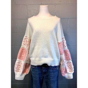 Urban Daizy Pink Crochet Granny Square Knit Sweater Ivory Boho Women's M/L